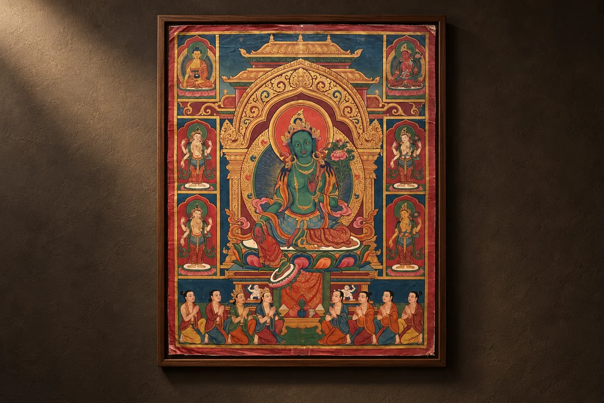 AI illustration of a complete Green Tara Paubha in a walnut frame on a gallery wall, showing the physical painting.