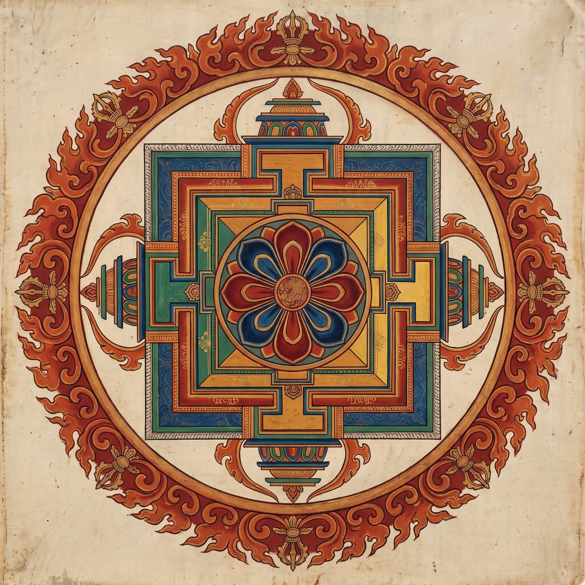AI design illustration of a mandala with an eight-petal lotus and four gates.