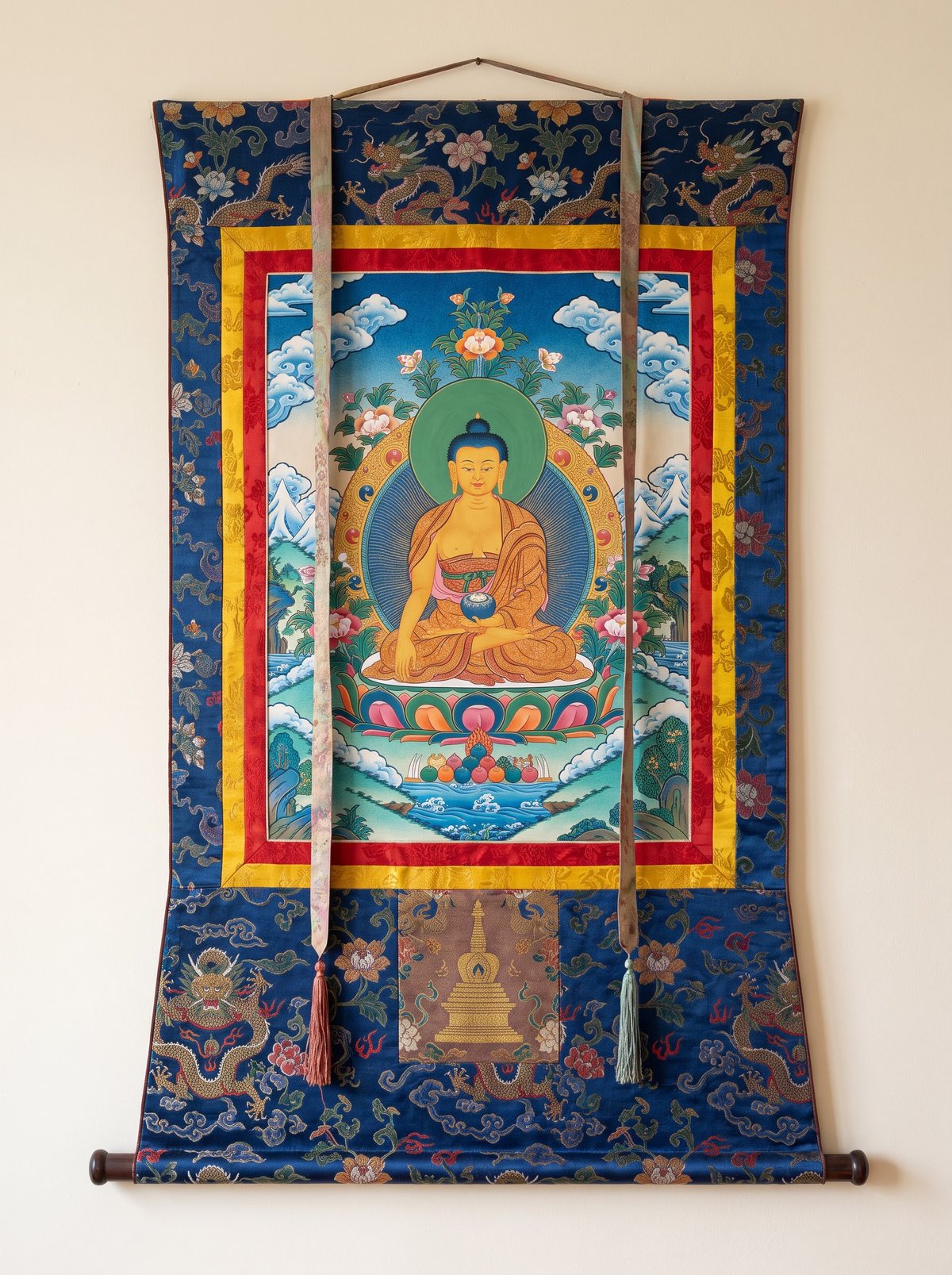AI design illustration of a Buddha thangka mounted in silk brocade.